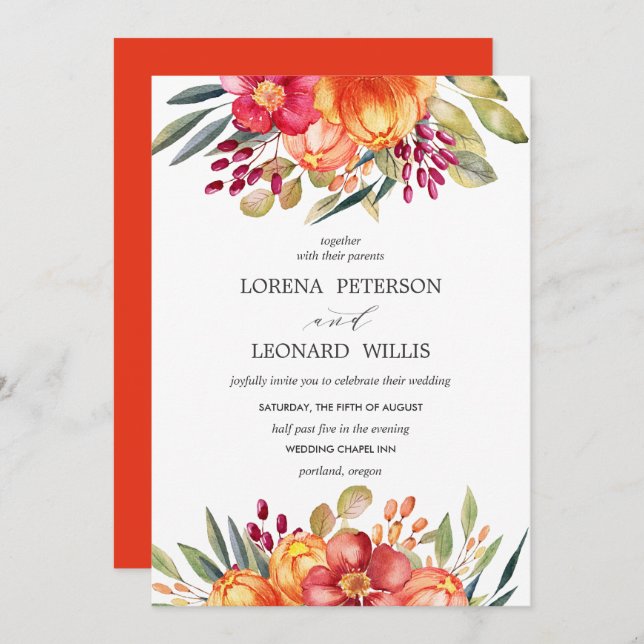 Painted Flower Modern ELEGANT Rustic Orange Invitation (Front/Back)