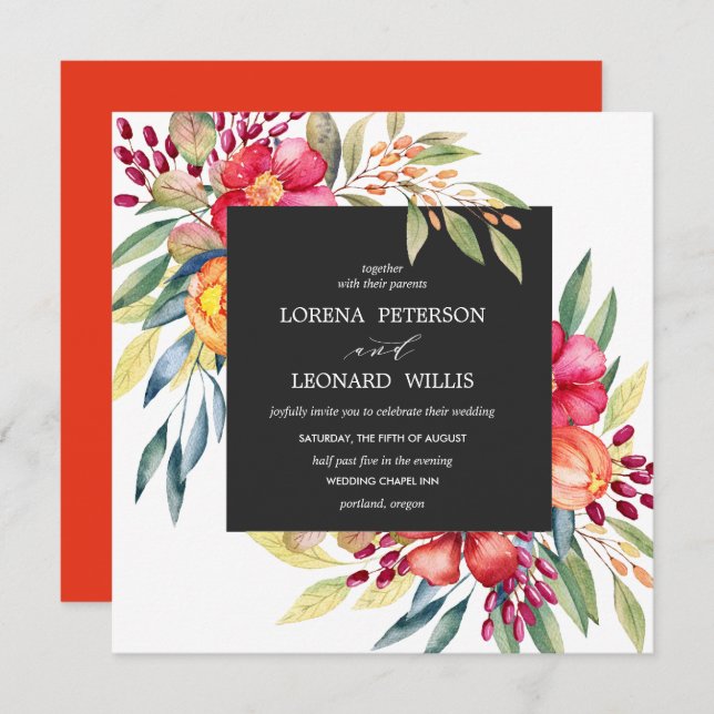 Painted Flower Modern ELEGANT Rustic square grey Invitation (Front/Back)