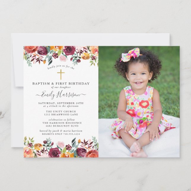 Painted Flowers Baptism 1st Birthday Photo Invitation (Front)