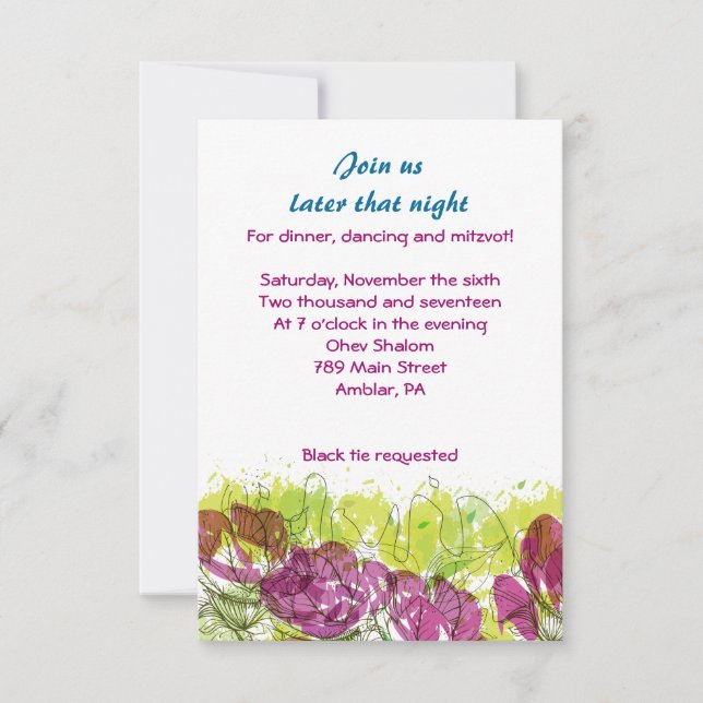 Painted Flowers Bar Bar Mitzvah Star Party Card (Front)