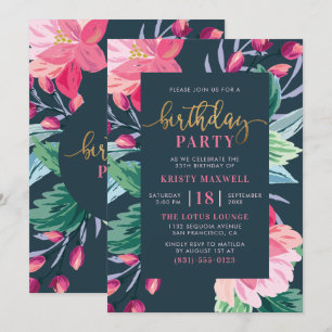 Painted Flowers & Chic Gold Script Birthday Party Invitation