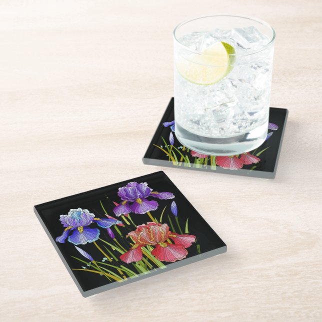 Painted flowers, colourful iris on black glass coaster (Angled)