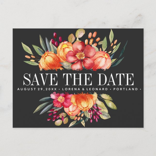 Painted Flowers Dark Grey Wedding save the date Announcement Postcard (Front)