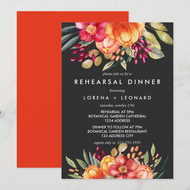 Painted  Flowers Grey REHEARSAL DINNER Wedding Invitation (Front/Back)