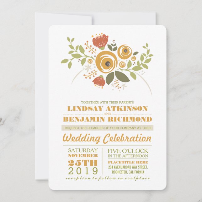 Painted flowers modern casual wedding invitation (Front)