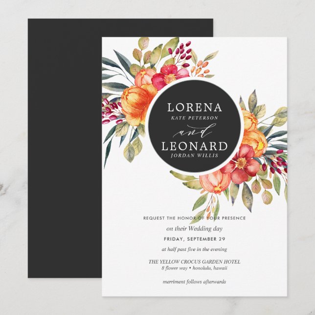 Painted flowers monogram wreath wedding dark grey invitation (Front/Back)