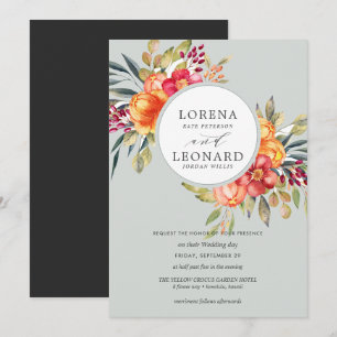 Painted flowers monogram wreath wedding light grey invitation