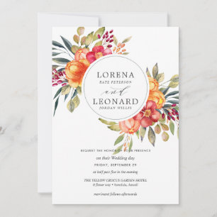Painted flowers monogram wreath wedding orange invitation