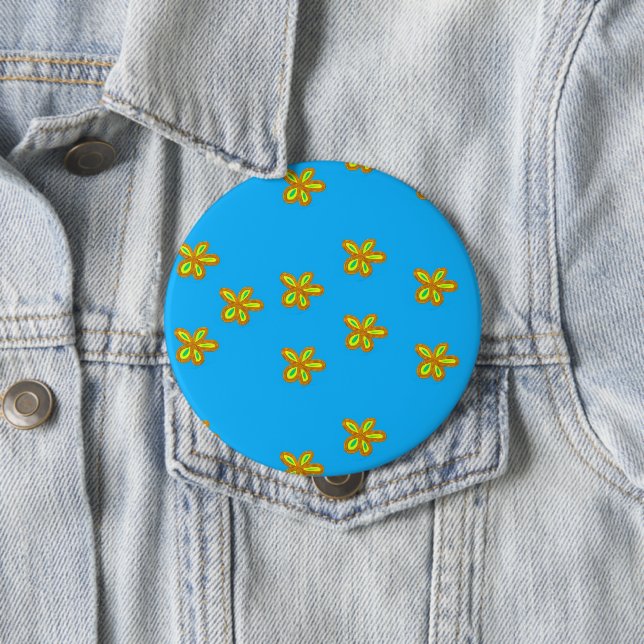 painted flowers on blue 10 cm round badge (In Situ)