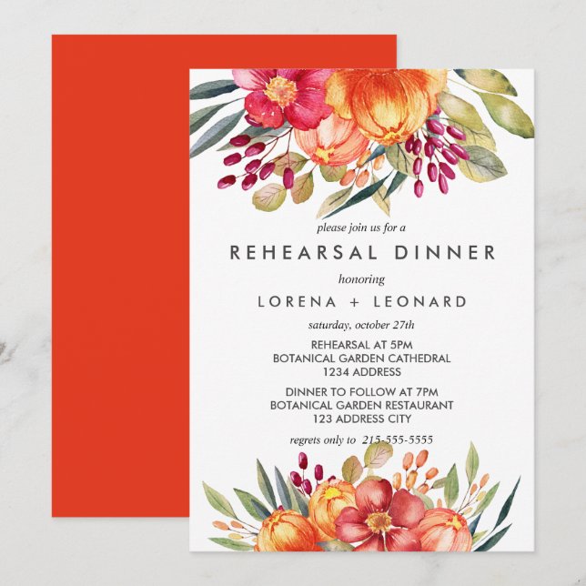 Painted  Flowers Orange REHEARSAL DINNER Wedding Invitation (Front/Back)