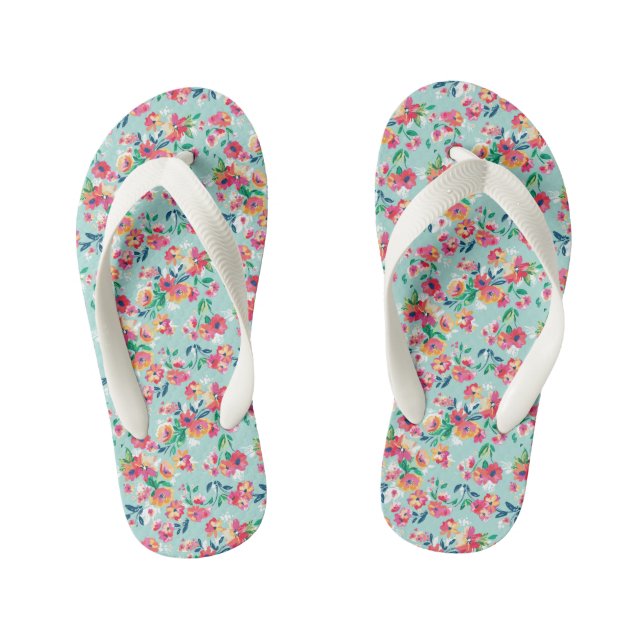 Painted Flowers Pattern Kid's Flip Flops (Footbed)