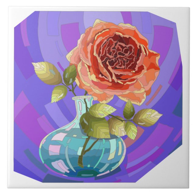 Painted flowers, pink rose in vase tile (Front)