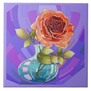 Painted flowers, pink rose in vase tile