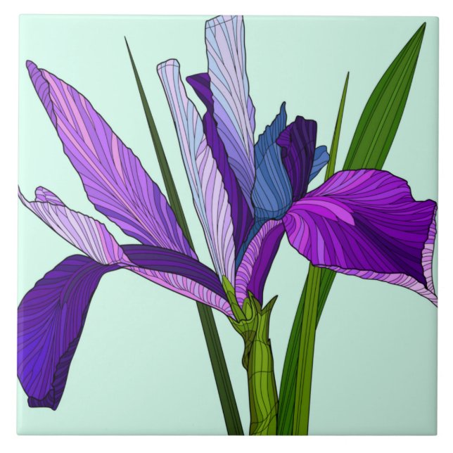 Painted Flowers, pretty purple iris on mint Tile (Front)
