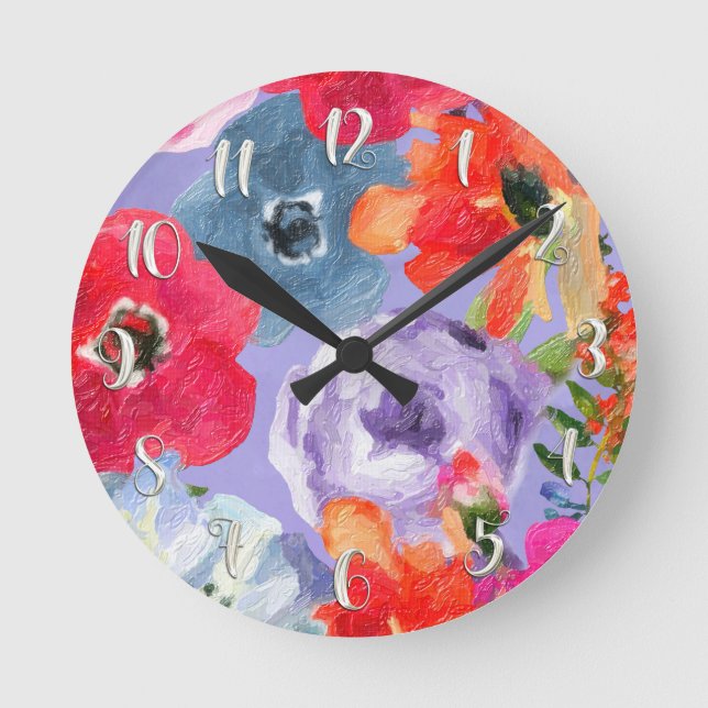 Painted Flowers Purple Modern Floral Watercolor Round Clock (Front)