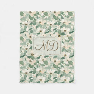 Painted Flowers Sage Green Rustic Floral Fleece Blanket