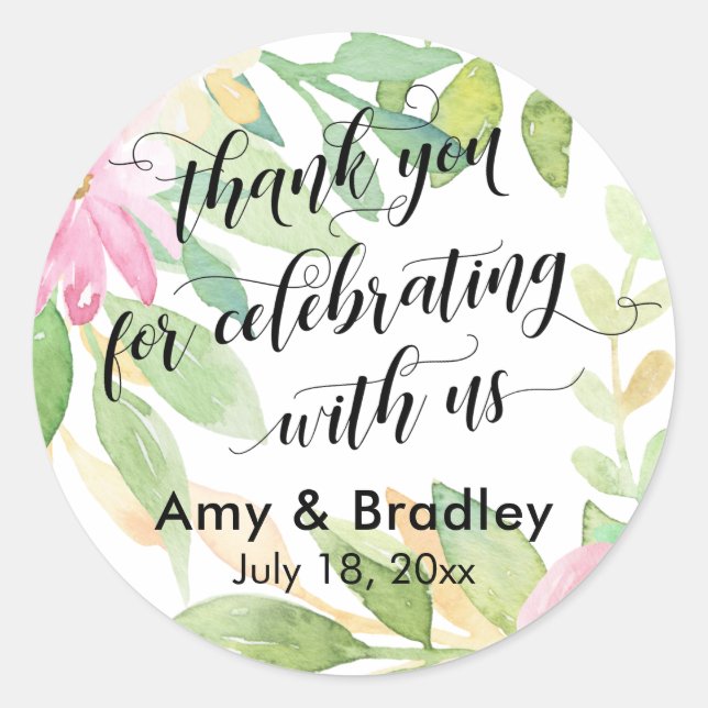 Painted Flowers Thank You for Celebrating With Us Classic Round Sticker (Front)
