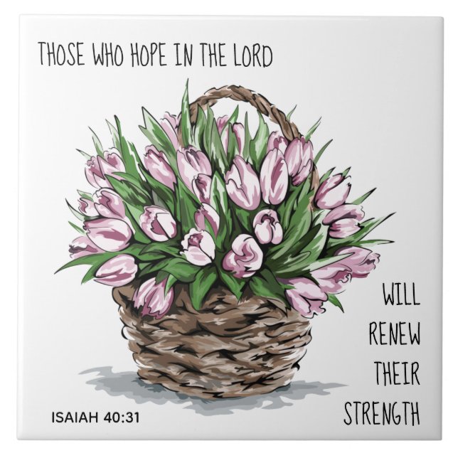Painted flowers, verse from Isaiah 40:31 Tile (Front)