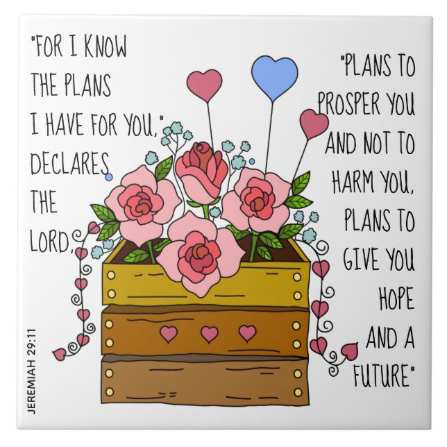 Painted flowers, verse from Jeremiah 29:11 Tile (Front)