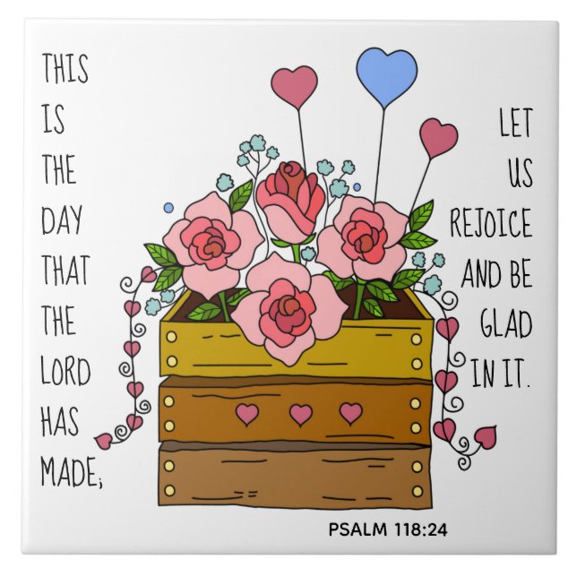 Painted flowers, verse from Psalm 118:24 Tile (Front)