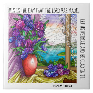 Painted flowers, verse from Psalm 118:24 Tile