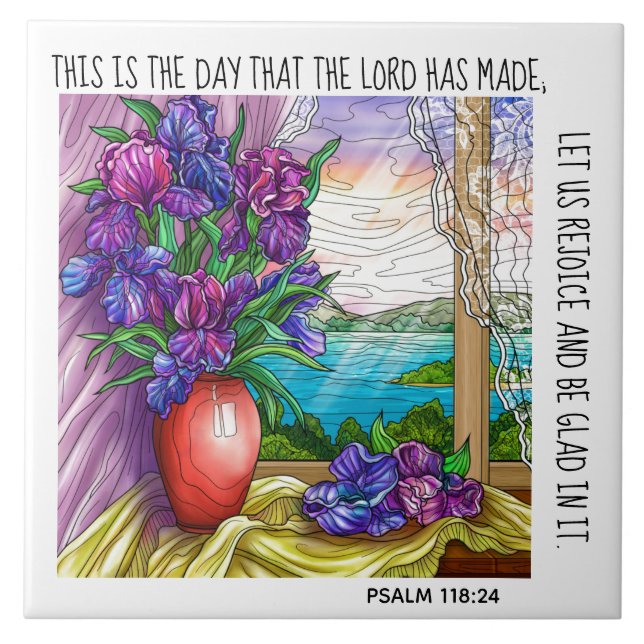 Painted flowers, verse from Psalm 118:24 Tile (Front)