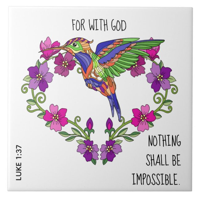 Painted flowers, w verse from Luke 1:37 Tile (Front)