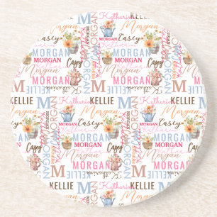 Painted Flowers with Name and Monogram Collage Coaster