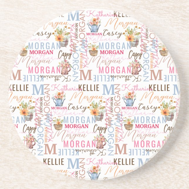 Painted Flowers with Name and Monogram Collage Coaster (Front)
