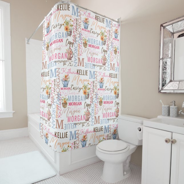 Painted Flowers with Name and Monogram Collage Shower Curtain (In Situ)