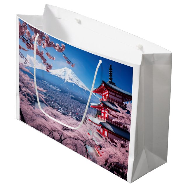Painted Fuji mountain in cherry blossom season  Large Gift Bag (Front Angled)