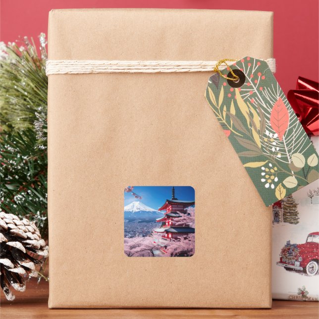 Painted Fuji mountain in cherry blossom season  Square Sticker (Holiday)