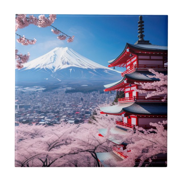 Painted Fuji mountain in cherry blossom season  Tile (Front)
