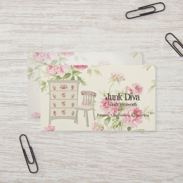 Painted Furniture Flower Dresser Chair Pink Roses Business Card (Front/Back In Situ)