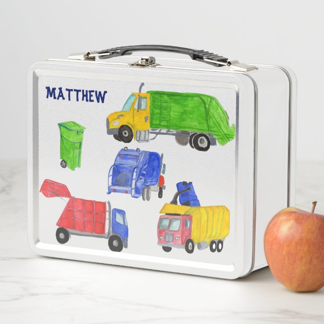 Painted Garbage Trucks Boys Personalised Metal Lunch Box (In Situ)