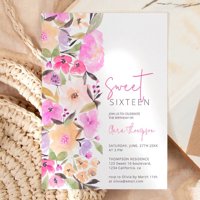 Painted garden flowers watercolor Sweet 16 Invitation (Creator Uploaded)
