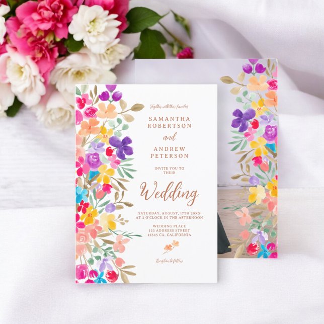 Painted garden wildflowers photo script wedding invitation (Painted garden wildflowers photo script wedding invitation)