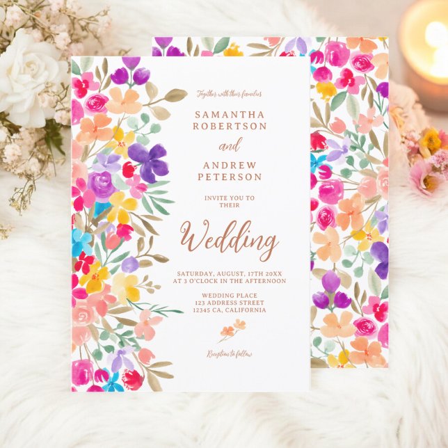 Painted garden wildflowers photo script wedding invitation (Painted garden wildflowers photo script wedding invitation)