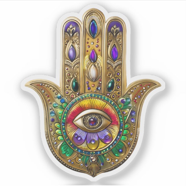 Painted Gold Hamsa Amethyst Ruby Third Eye (Front)