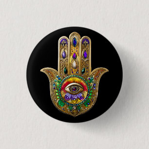 Painted Gold Hamsa Amethyst Ruby Third Eye 3 Cm Round Badge
