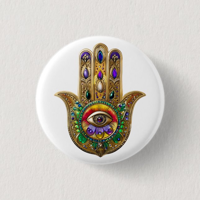 Painted Gold Hamsa Amethyst Ruby Third Eye 3 Cm Round Badge (Front)