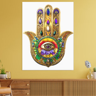 Painted Gold Hamsa Amethyst Ruby Third Eye Canvas Print