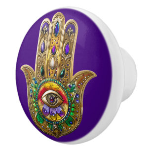 Painted Gold Hamsa Amethyst Ruby Third Eye Ceramic Knob