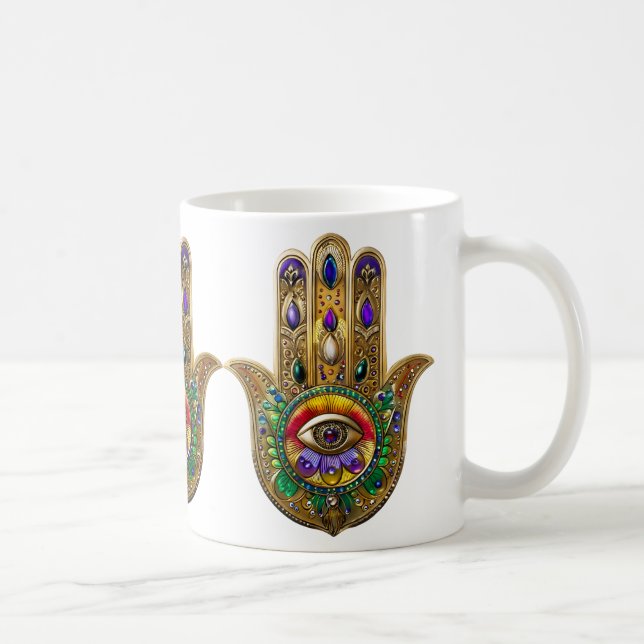 Painted Gold Hamsa Amethyst Ruby Third Eye Coffee Mug (Right)