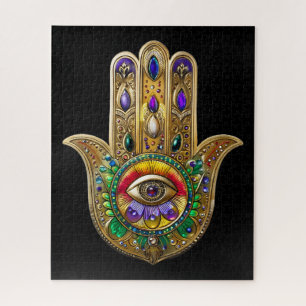 Painted Gold Hamsa Amethyst Ruby Third Eye Jigsaw Puzzle