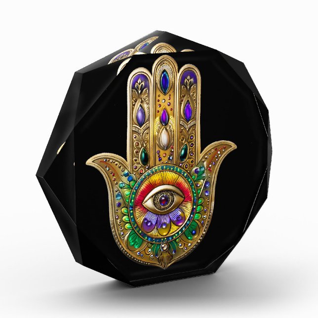 Painted Gold Hamsa Amethyst Ruby Third Eye Photo Block (Left)