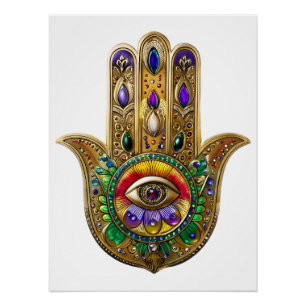 Painted Gold Hamsa Amethyst Ruby Third Eye Poster