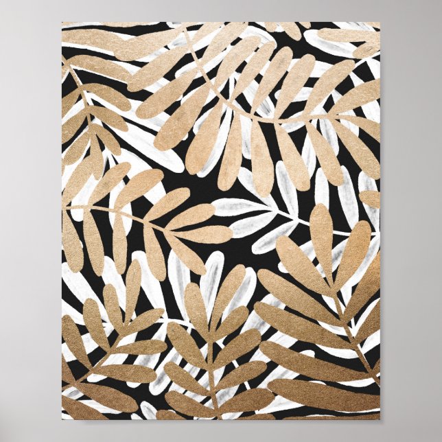 Painted Gold White Watercolor Leaves Pattern Poster (Front)