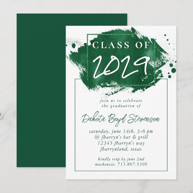 Painted Grad | Green Splatter Brushstroke Party Invitation (Front/Back)