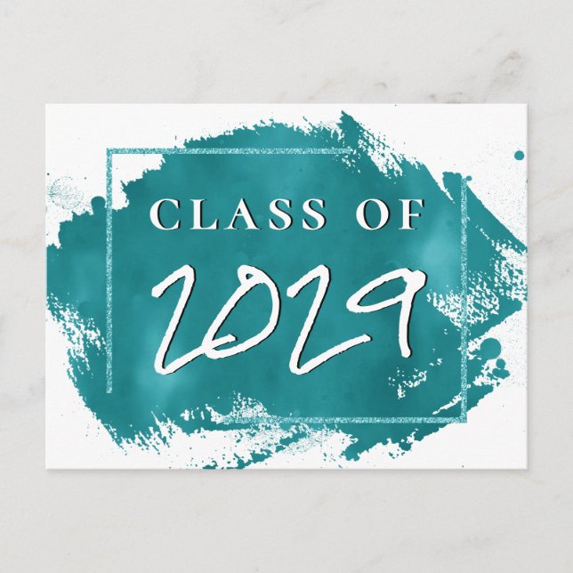 Painted Grad | Teal Splatter Brushstroke Party Invitation Postcard (Front)